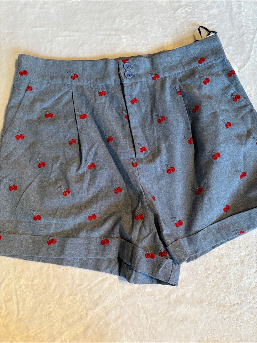 Unique Vintage Brand Lightweight Cotton Gray Shorts with Red Cherry Embroidery